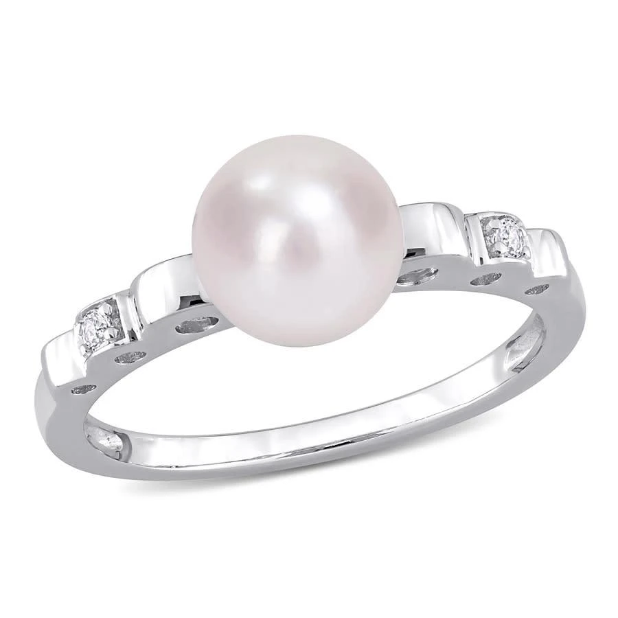 商品Amour|7-7.5mm Freshwater Cultured Pearl and Created White Sapphire Ring in Sterling Silver,价格¥380,第1张图片