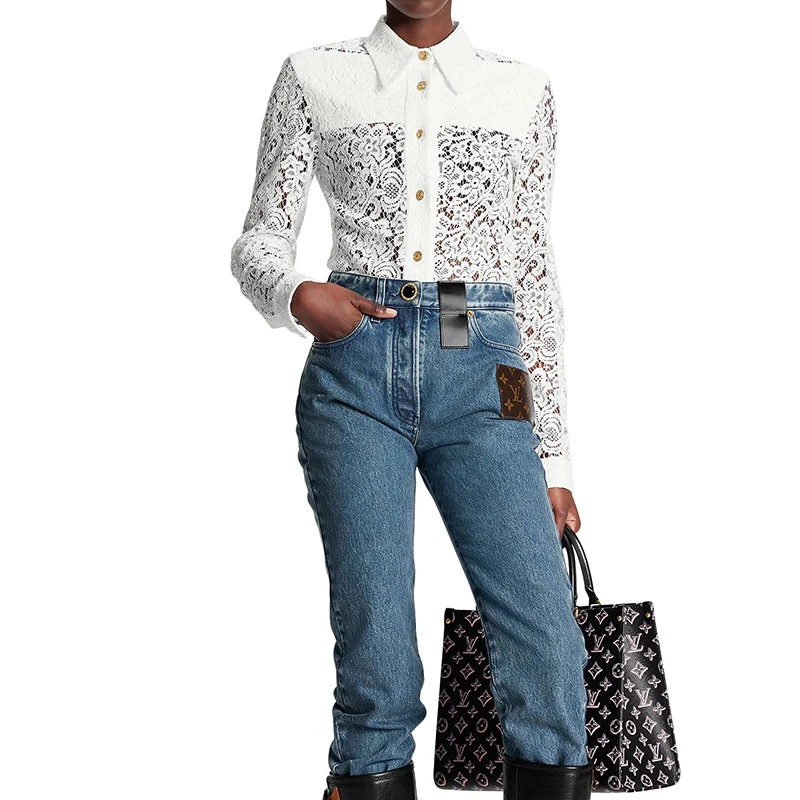 商品Louis Vuitton|预订款2-3周 路易威登 22年秋冬新款 女士蓝色纯棉褪色效果老花贴片高腰牛仔裤1AA8ZQ,价格¥10417,第4张图片详细描述