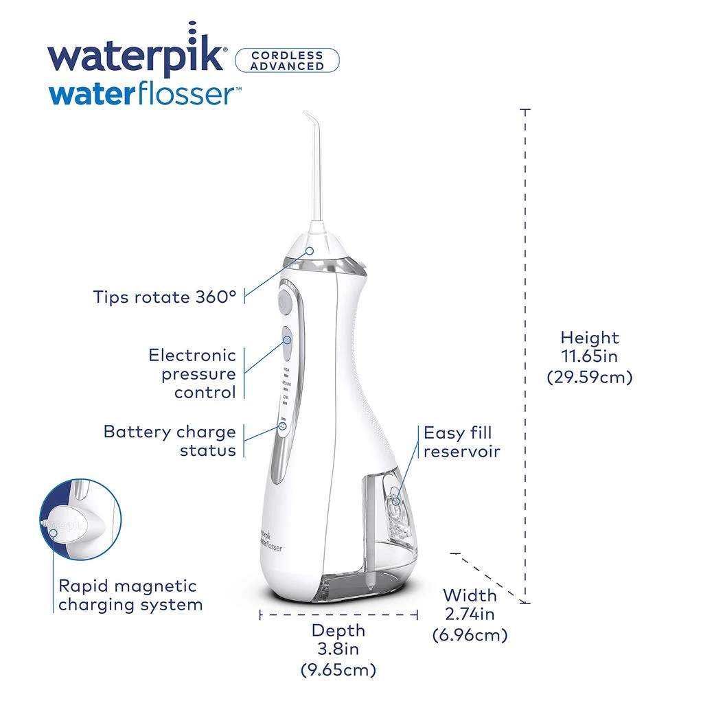 商品Waterpik|Waterpik 无绳高级牙线器，适用于牙齿、牙龈、牙套、牙科护理，带旅行袋和 4 个牙刷头，符合 ADA 标准，可充电，便携，防水，白色 WP-560,价格¥601-¥1130,第4张图片详细描述