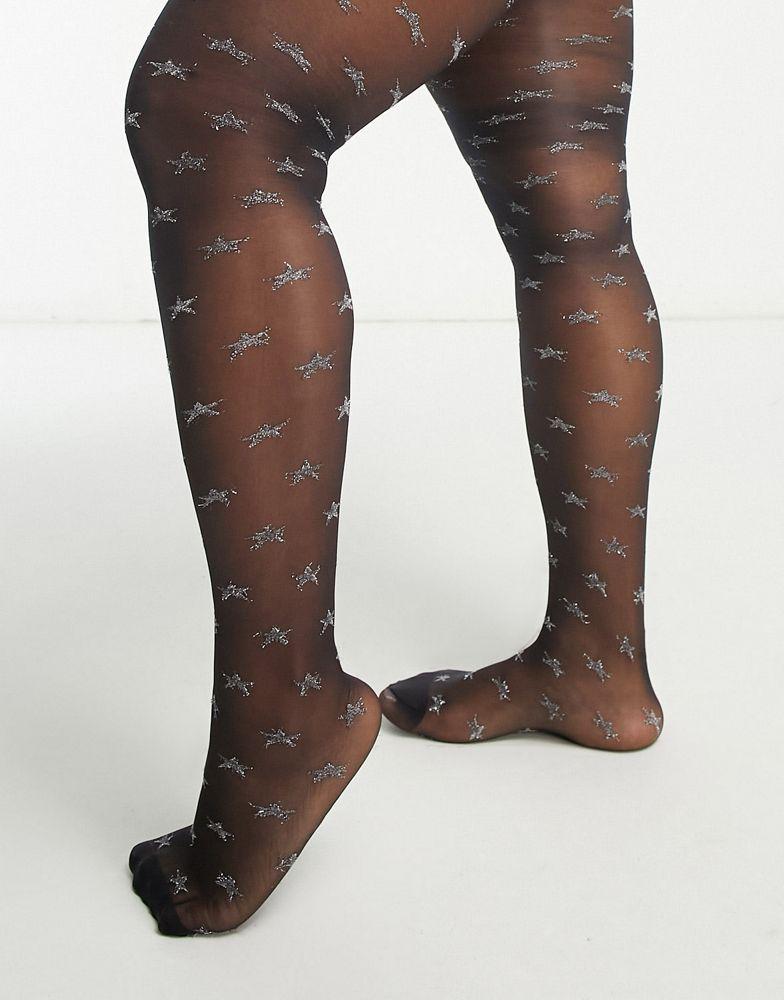 ASOS DESIGN Curve 30 denier glitter star tights in black and silver商品第3张图片规格展示