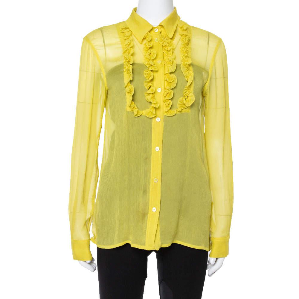 Prada Yellow Silk Crepon Ruffle Front Sheer Blouse M商品第1张图片规格展示