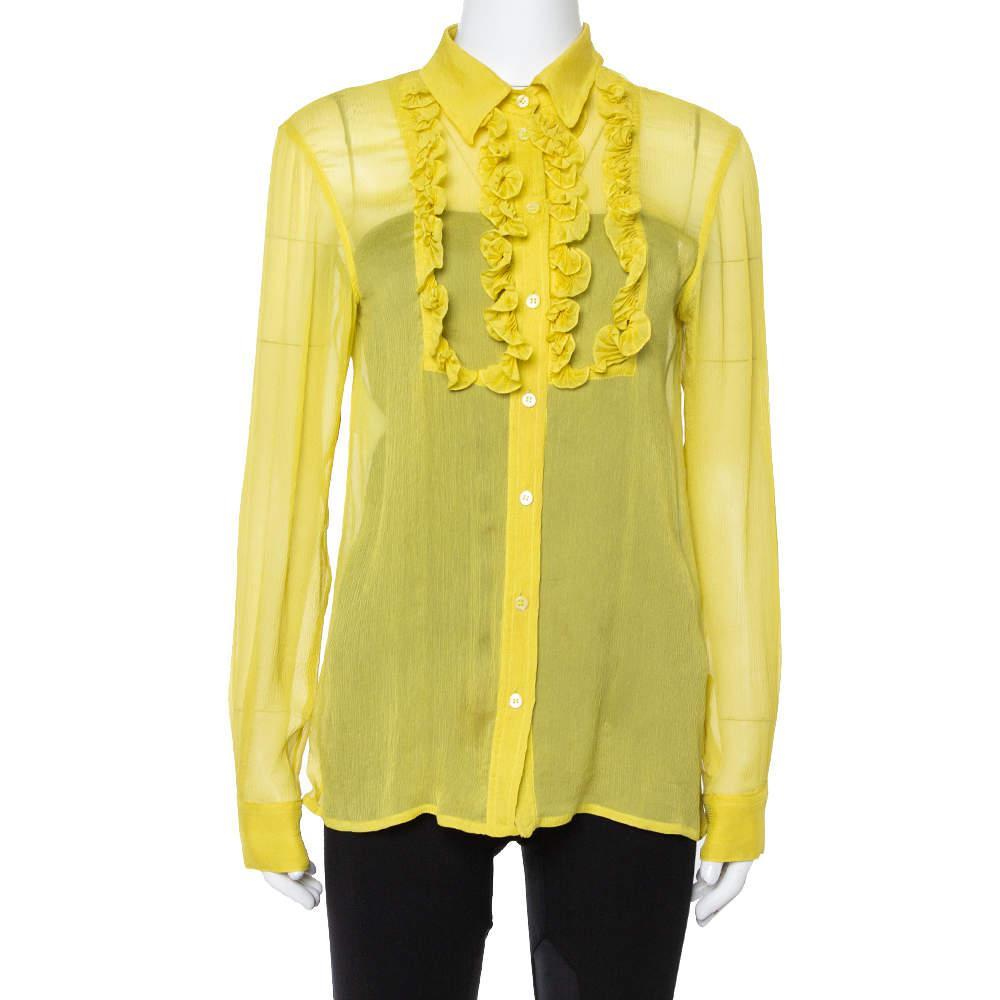 商品[二手商品] Prada|Prada Yellow Silk Crepon Ruffle Front Sheer Blouse M,价格¥878,第1张图片