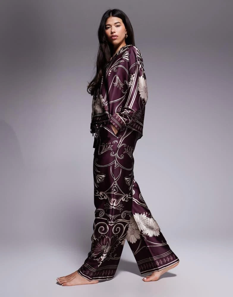 商品River Island|River Island floral print satin pyjama set in burgundy,价格¥428,第1张图片详细描述