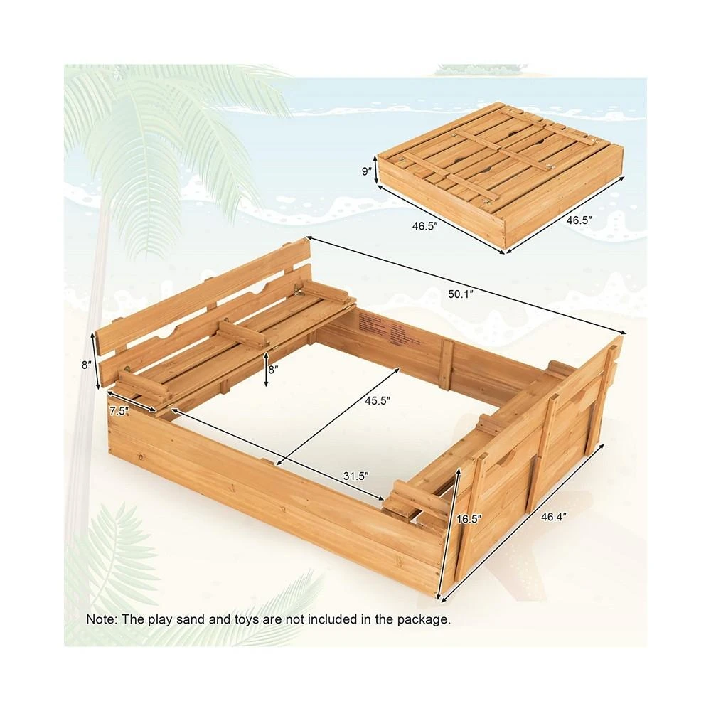 商品Costway|Kids Large Wooden Sandbox w/Cover 2 Convertible Bench Seats for Outdoor Play,价格¥815,第2张图片详细描述