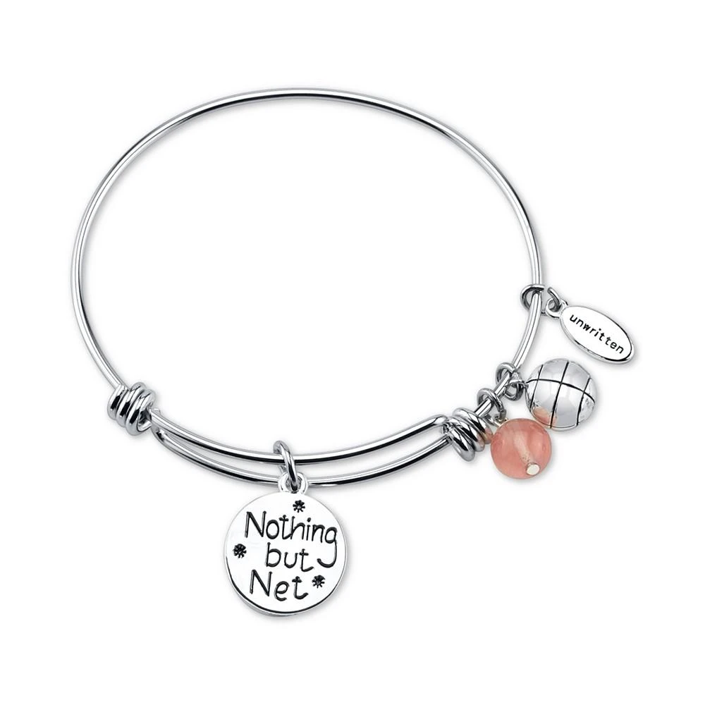 商品Unwritten|Basketball Charm and Cherry Quartz (8mm) Adjustable Bangle Bracelet in Stainless Steel,价格¥149,第2张图片详细描述