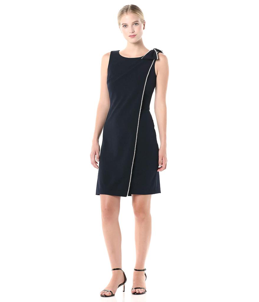 Women's Solid Sheath Dress with Bow Shoulder and Pearls商品第1张图片规格展示