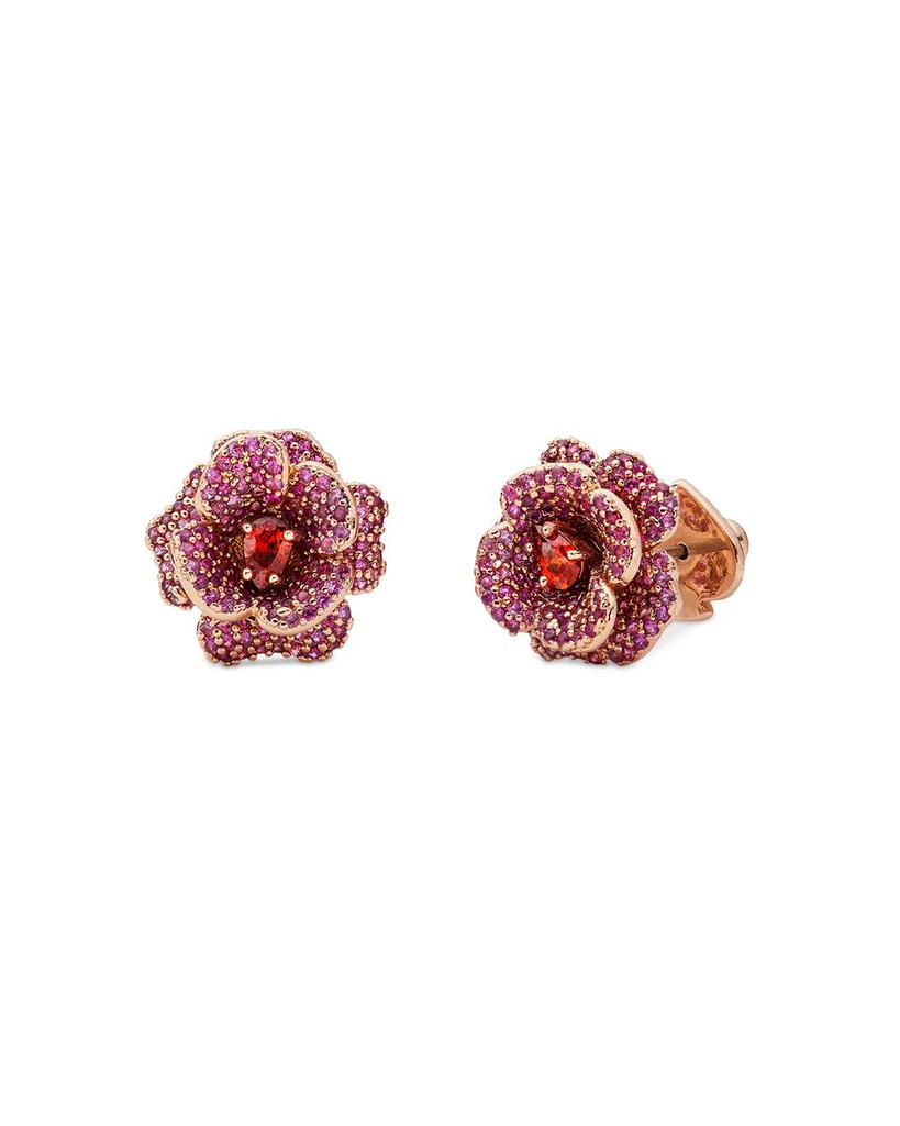 Rosy Pink Pavé Flower Stud Earrings in Gold Tone商品第1张图片规格展示