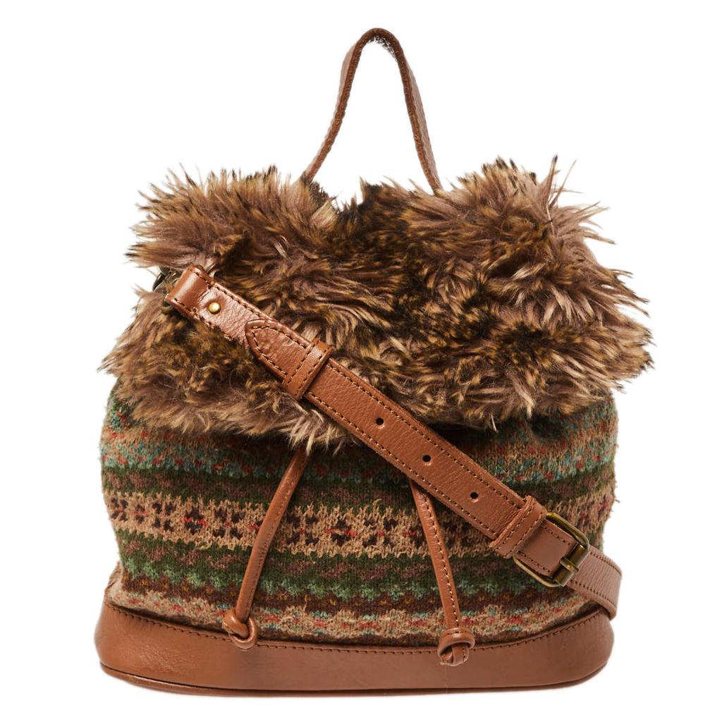 Ralph Lauren Multicolor Faux Fur Flap And Crochet Drawstring Bucket Bag商品第1张图片规格展示