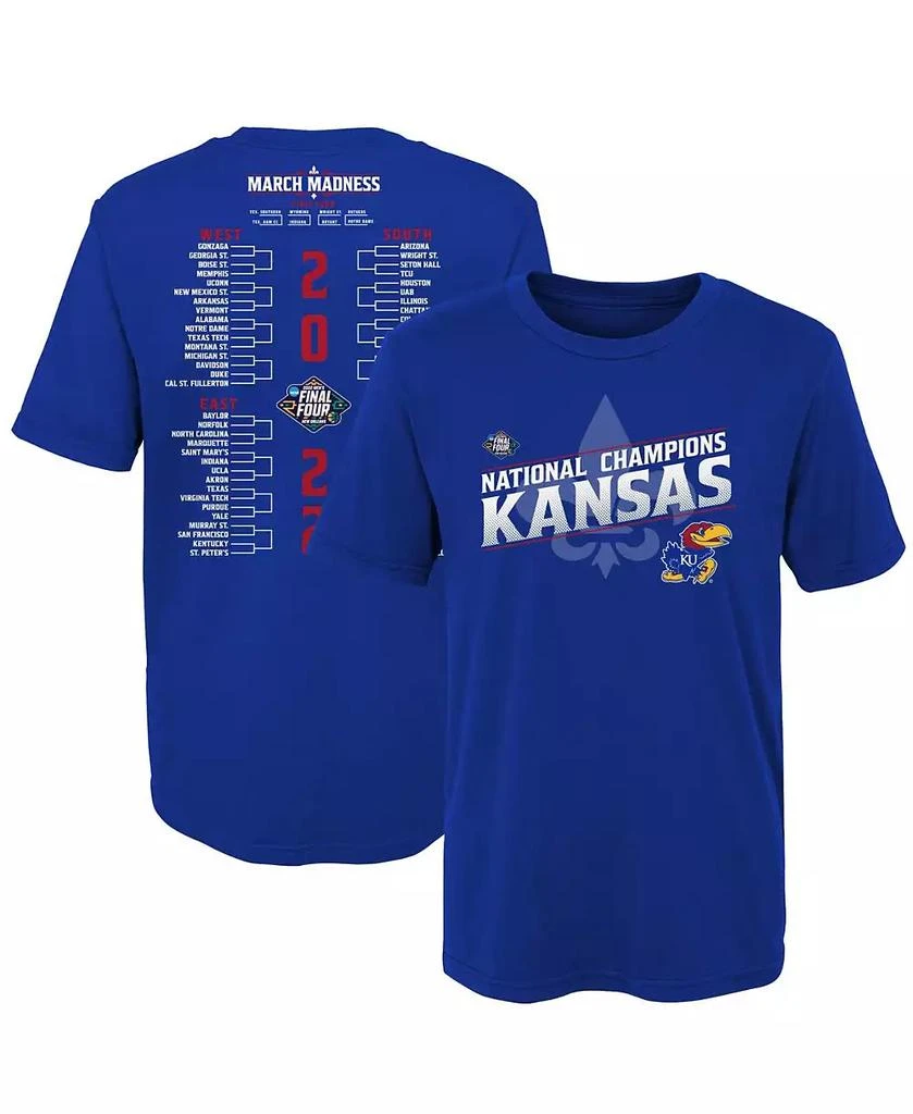 商品Outerstuff|Boys and Girls Preschool Royal Kansas Jayhawks 2022 NCAA Men's Basketball National Champions Bracket T-shirt,价格¥202,第1张图片