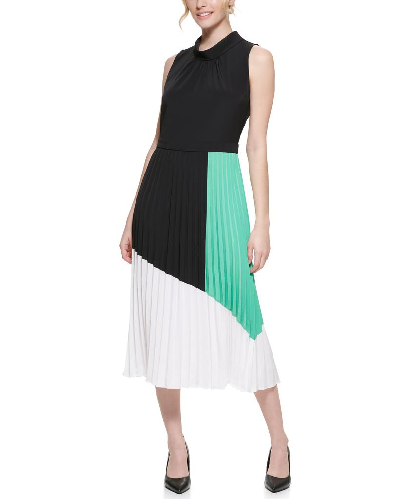 Silky Color Block Mock Neck Midi Dress商品第1张图片规格展示