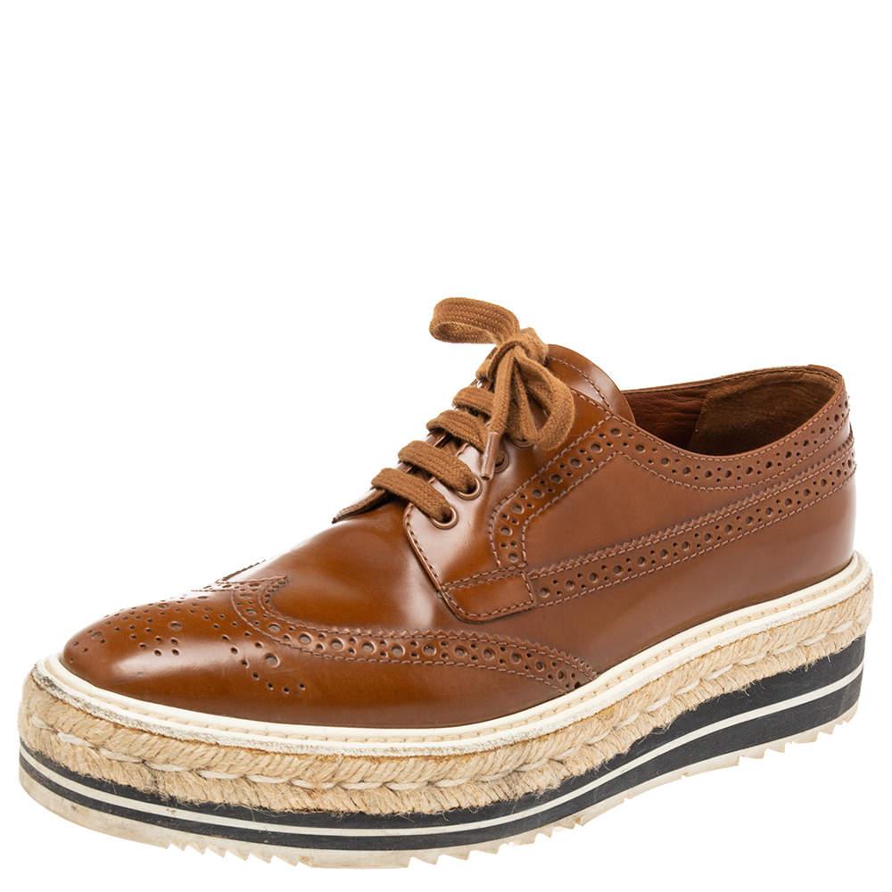 Prada Brown Brogue Leather Espadrille Derby Sneakers Size 37商品第1张图片规格展示