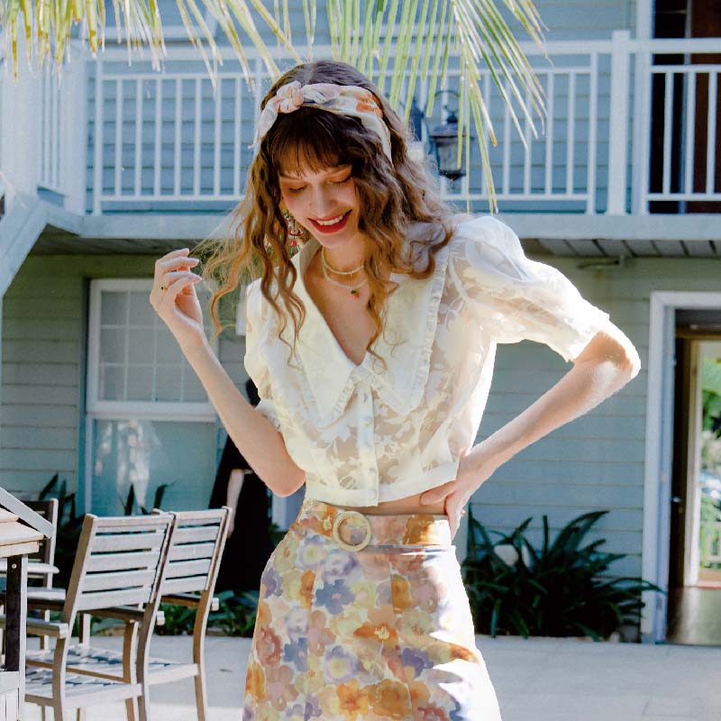 Dakota白色缎面纱复古宫廷娃娃领短款衬衫 | Dakota Blouse - Ivory商品第3张图片规格展示