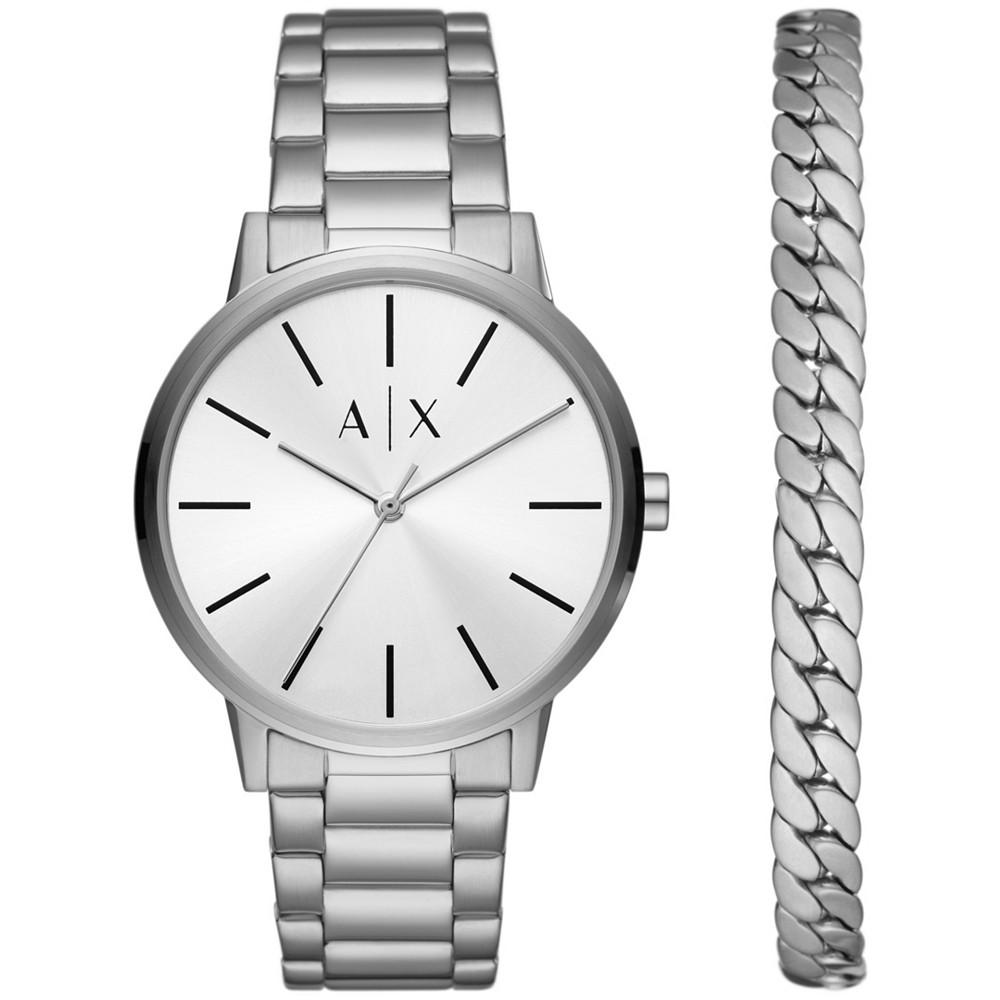 Men's Three-Hand Silver-tone Stainless Steel Bracelet Watch and 1 Bracelet Gift Set商品第1张图片规格展示