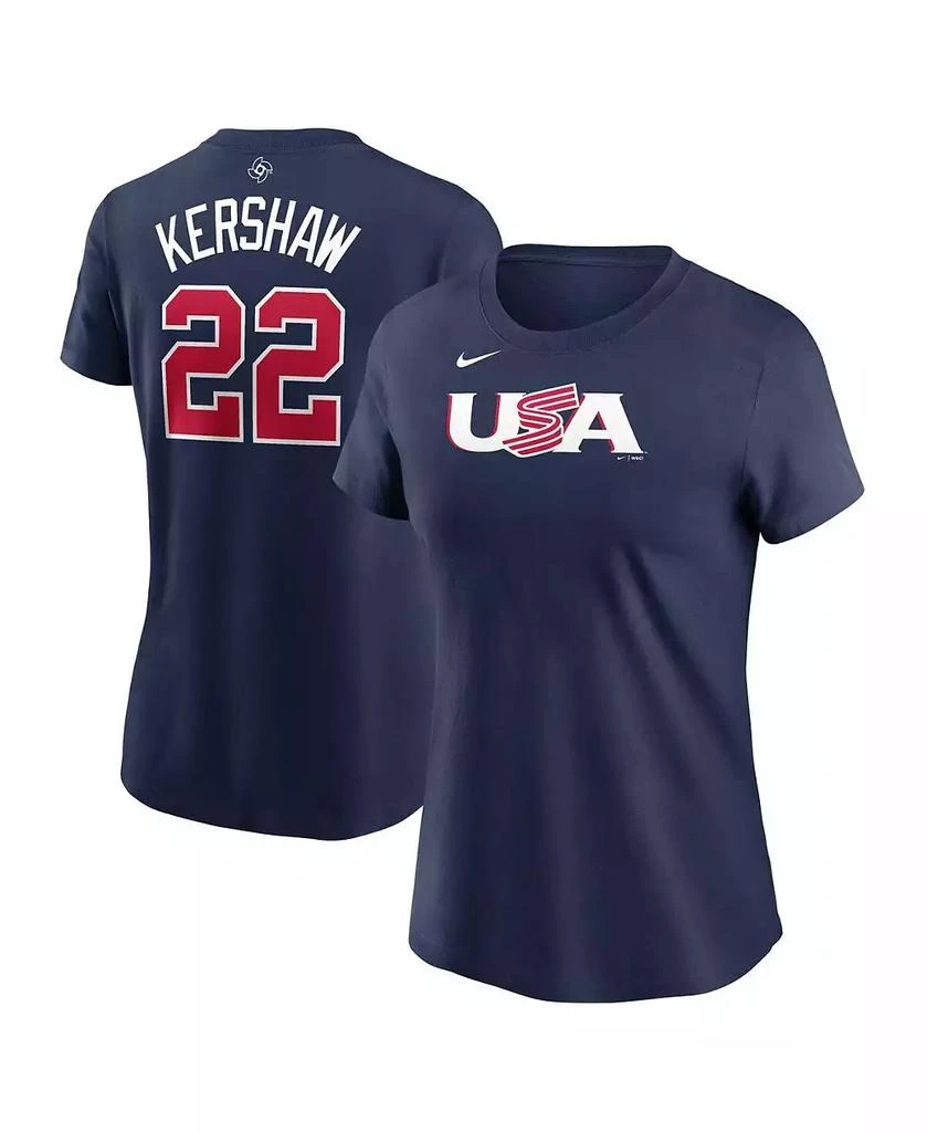 商品NIKE|Women's Clayton Kershaw Navy USA Baseball 2023 World Baseball Classic Name and Number T-shirt,价格¥231,第1张图片