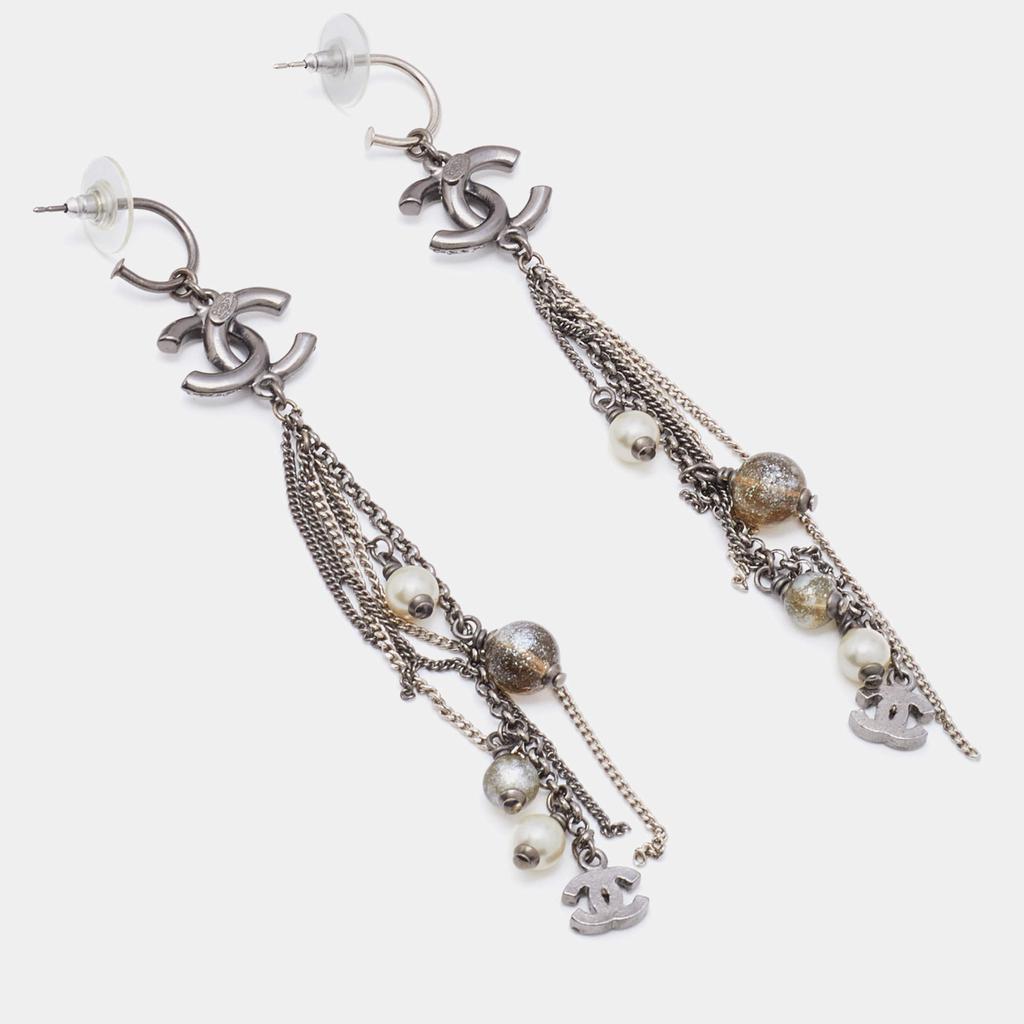 Chanel Gunmetal Tone Crystal CC Faux Pearl & Bead Chain Dangle Earrings商品第3张图片规格展示