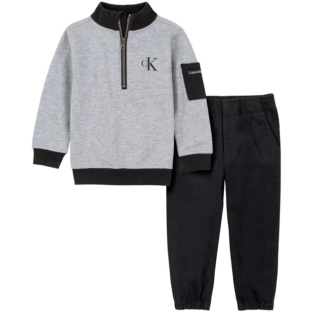 商品Calvin Klein|Little Boys Heather Fleece Semi-Zip Mock-Neck and Twill Joggers, 2 Piece Set,价格¥169,第1张图片