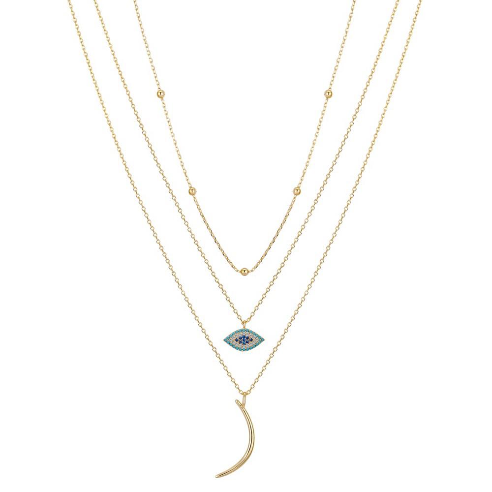 14K Gold Flash Plated Brass Cubic Zirconia Evil Eye Beaded Moon Layered Necklace Trio with Extenders Set, 3 Piece商品第1张图片规格展示