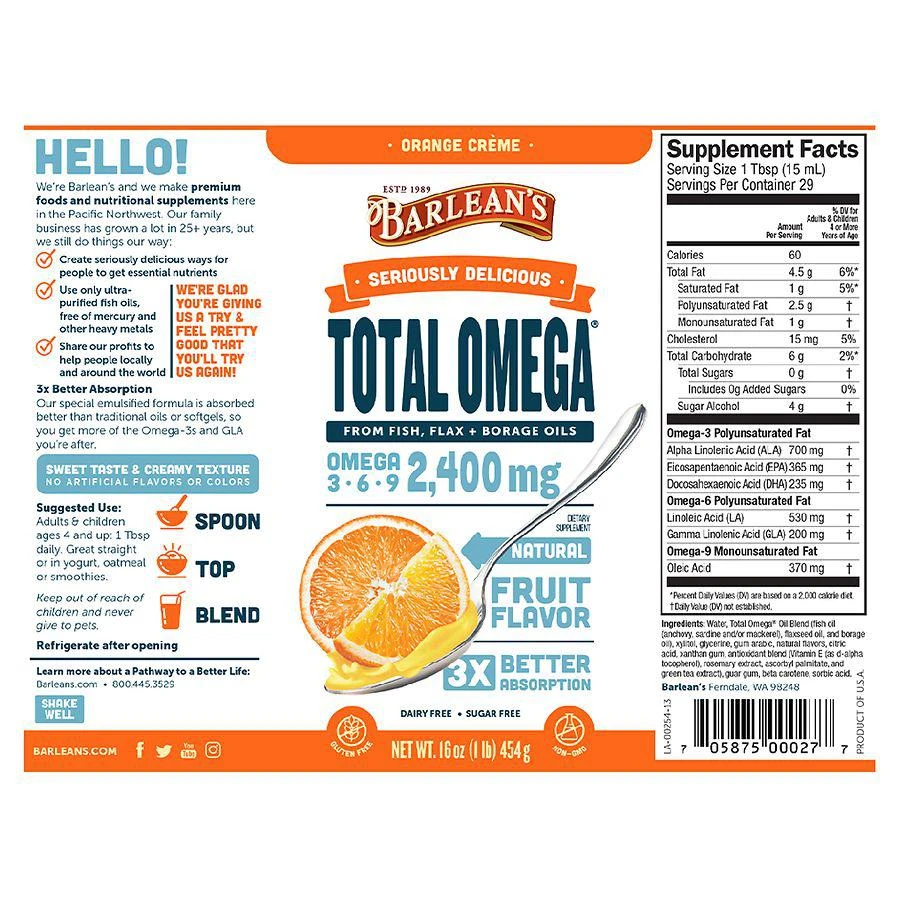 商品Barlean's Organic Oils|Total Omega 3-6-9 Swirl Orange Cream,价格¥261,第2张图片详细描述