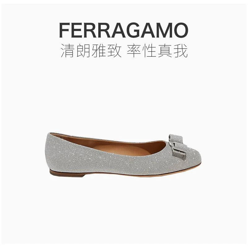 商品Salvatore Ferragamo|香港直邮SALVATOREFERRAGAMO菲拉格慕银色牛皮蝴蝶结平底鞋709613,价格¥5622,第7张图片详细描述