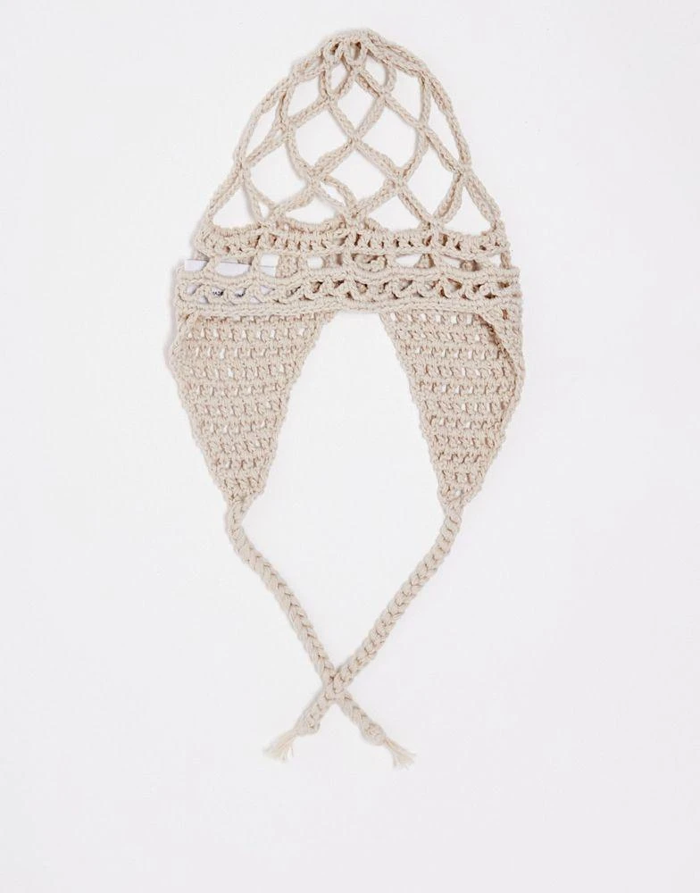 商品COLLUSION|COLLUSION Unisex crochet festival skull cap with tie detail in neutral,价格¥83,第1张图片