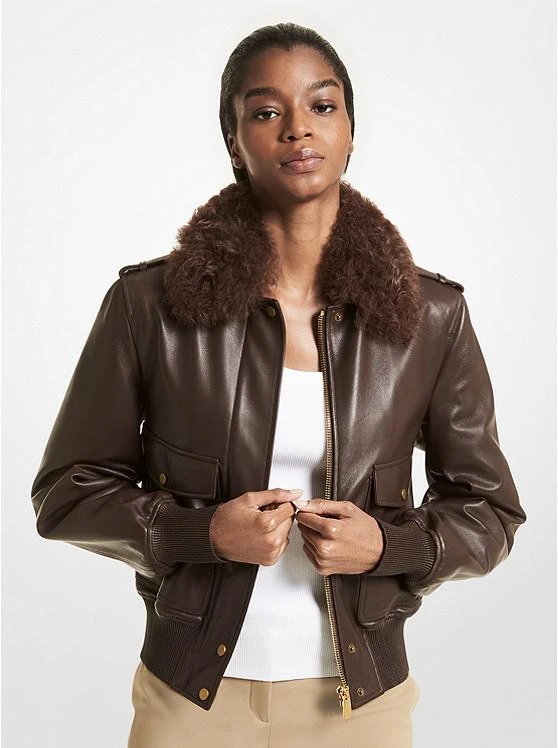 商品Michael Kors|Shearling Collar Plongé Leather Bomber Jacket,价格¥8082,第1张图片