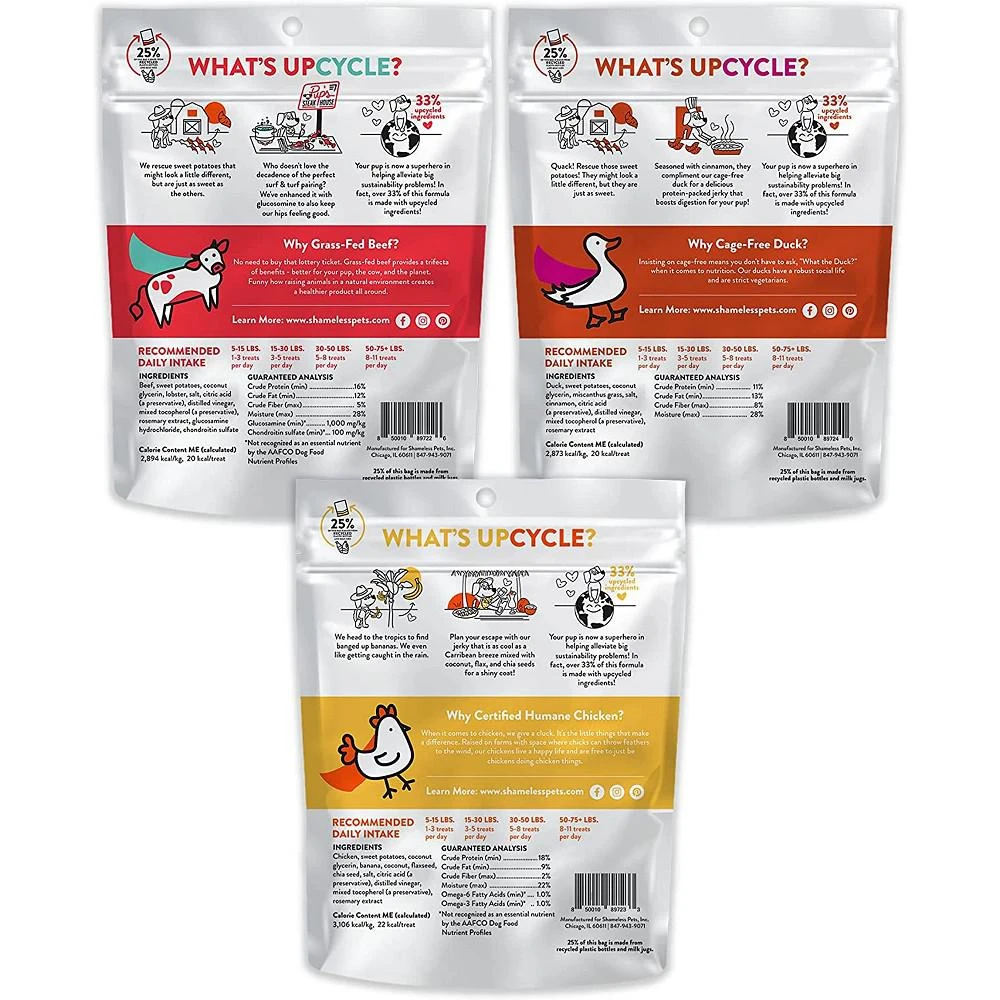 商品Shameless Pets|Duck-Tato, Chick'n Colada, Moo Lobsta Jerky Bite Dog Treats, Moo Lobsta(1), Duck-Tato(1), Chick'N Colada(1) Variety Pack, 3 Count,价格¥258,第2张图片详细描述