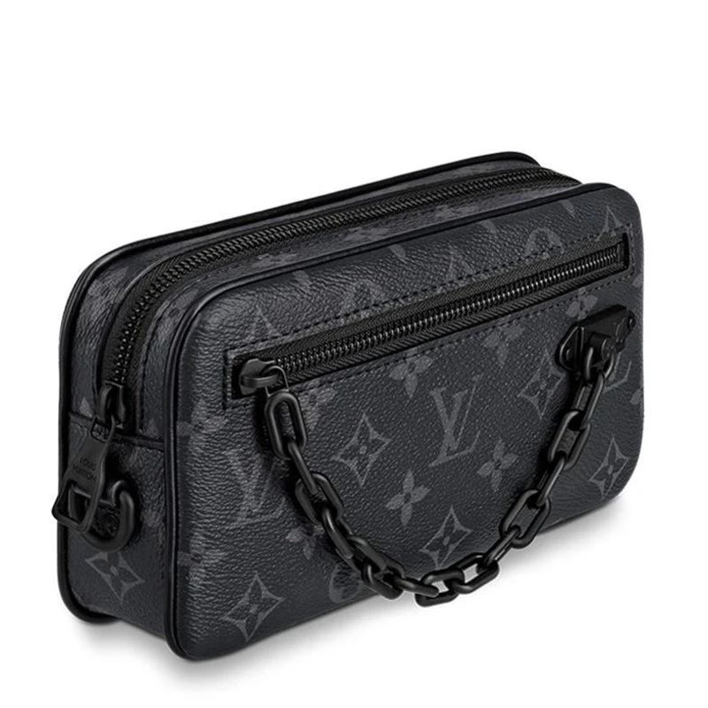 商品Louis Vuitton|【预售3-7天】路易威登经典款VOLGA系列男士经典爆款老花帆布牛皮饰边黑链配可拆卸腕带拉链开合链条手拿包M68321,价格¥10928,第4张图片详细描述