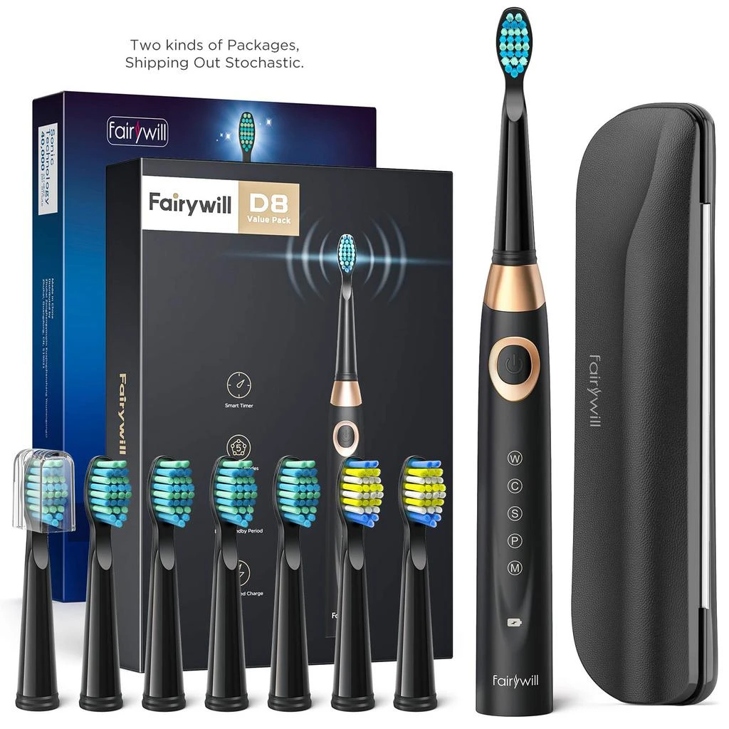 Fairywill Electric Toothbrush for Adults and Kids Accepted by American Dental Association, 8 Dupont Brush Heads & Travel Case 5 Modes Rechargeable Whitening Power Sonic Toothbrush Smart Timer Black 商品