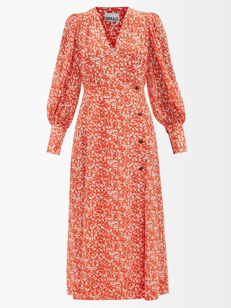 商品Ganni|Balloon-sleeve floral-print crepe midi dress,价格¥993,第1张图片