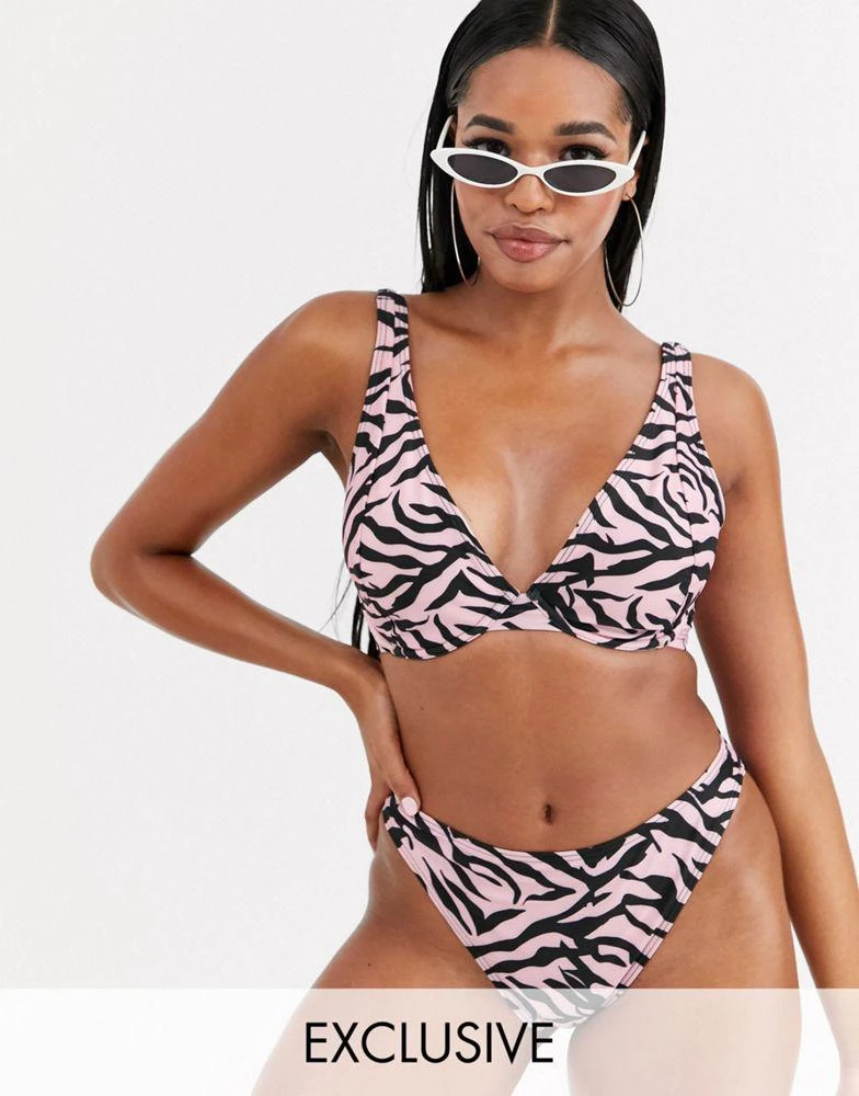 商品Wolf & Whistle|Wolf & Whistle Fuller Bust Exclusive underwired bralette bikini top in pastel pink zebra DD-G - MULTI,价格¥113,第1张图片
