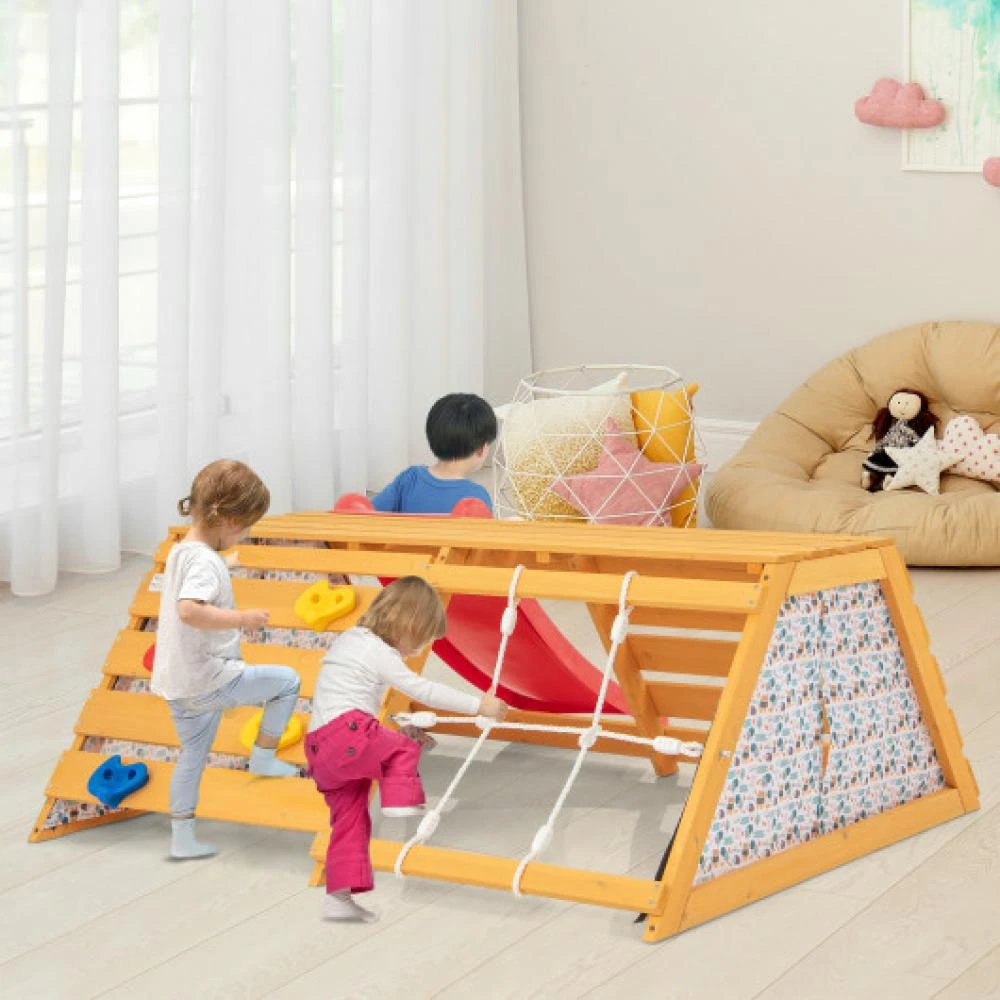 商品Hivvago|5-in-1 Jungle Gym Wooden Indoor Playground with Slide Rock Climbing Wall Rope Wall Climber,价格¥1815,第2张图片详细描述