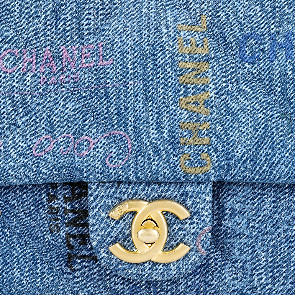 商品[国内直发] Chanel|香奈儿 Classic Flap CF 金扣链条 牛仔布 口盖包单肩斜挎包 常规 女款 蓝色,价格¥30713,第6张图片详细描述