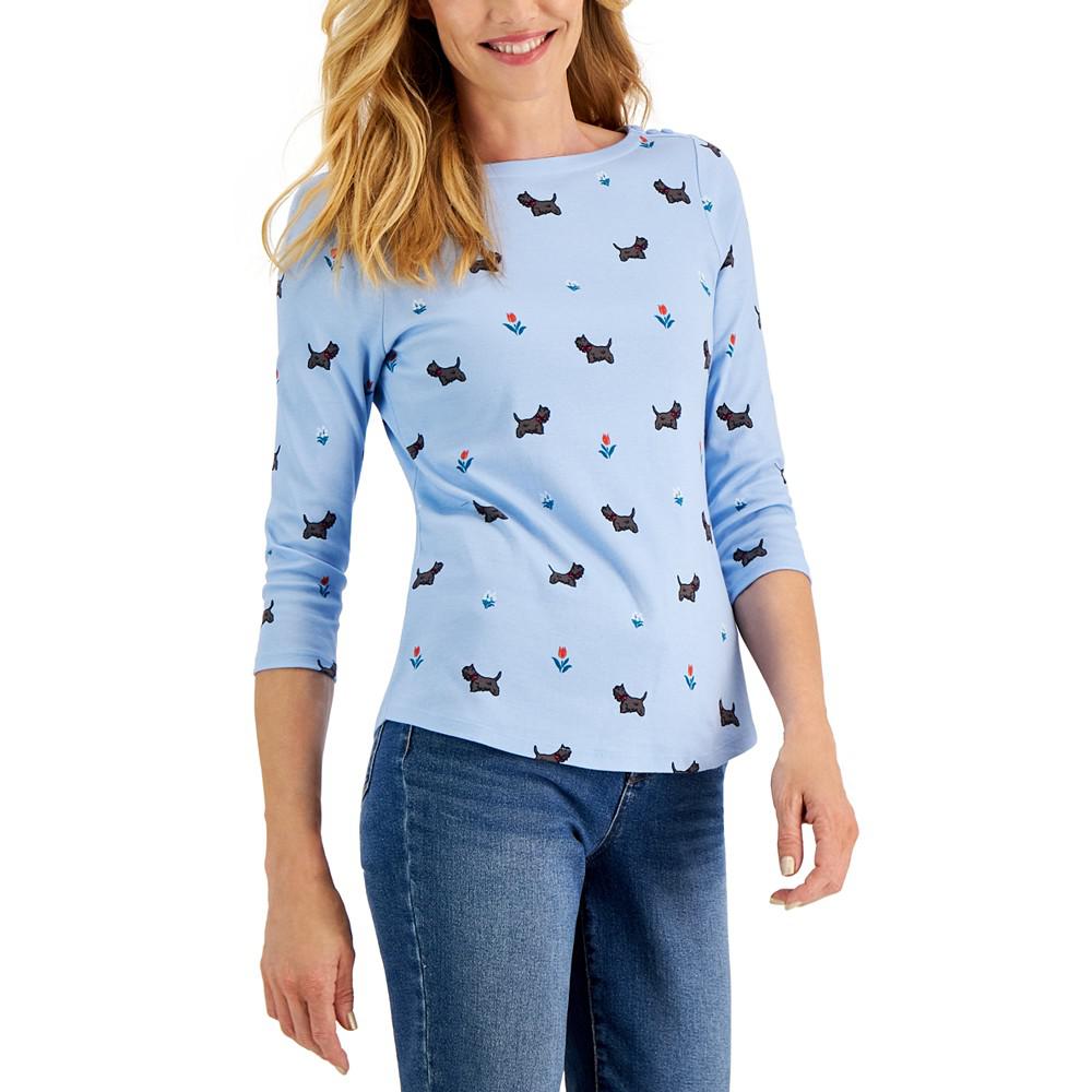 Women's Women's Printed Dogs & Flowers Boatneck Top, Created for Macy's商品第1张图片规格展示