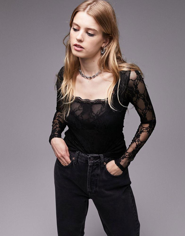 Topshop lace long sleeve top in black商品第1张图片规格展示