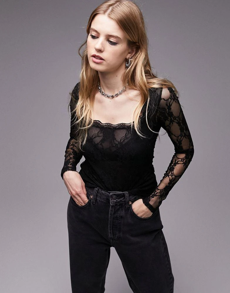 商品Topshop|Topshop lace long sleeve top in black,价格¥271,第1张图片