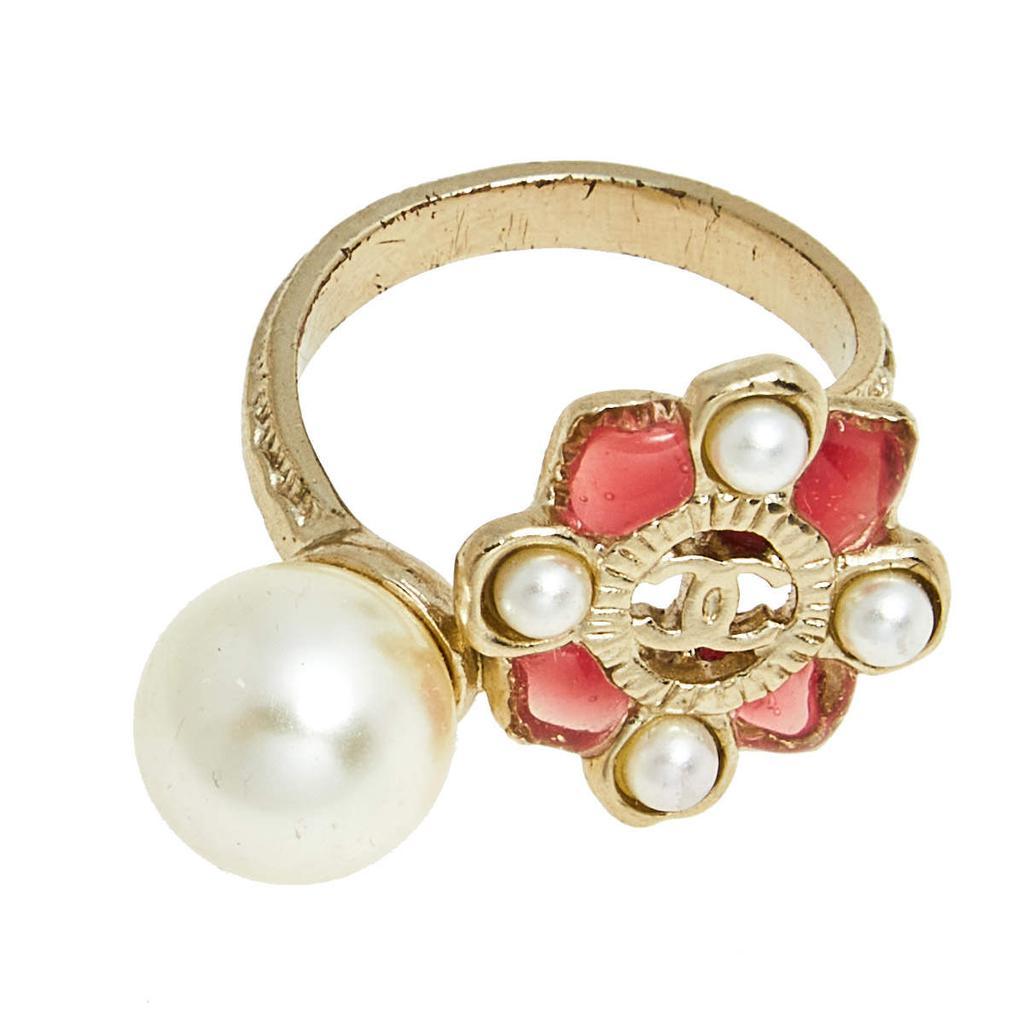商品[二手商品] Chanel|Chanel Pink Gripoix Pearl Gold Tone Floral Cocktail Ring Size EU 54,价格¥2748,第7张图片详细描述
