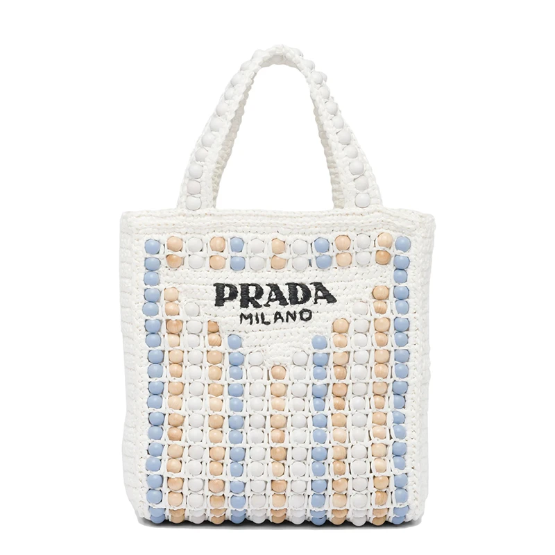 PRADA/普拉达 22新款 女士白色酒椰纤维搭配彩色木质球串珠单肩手提托特包 商品