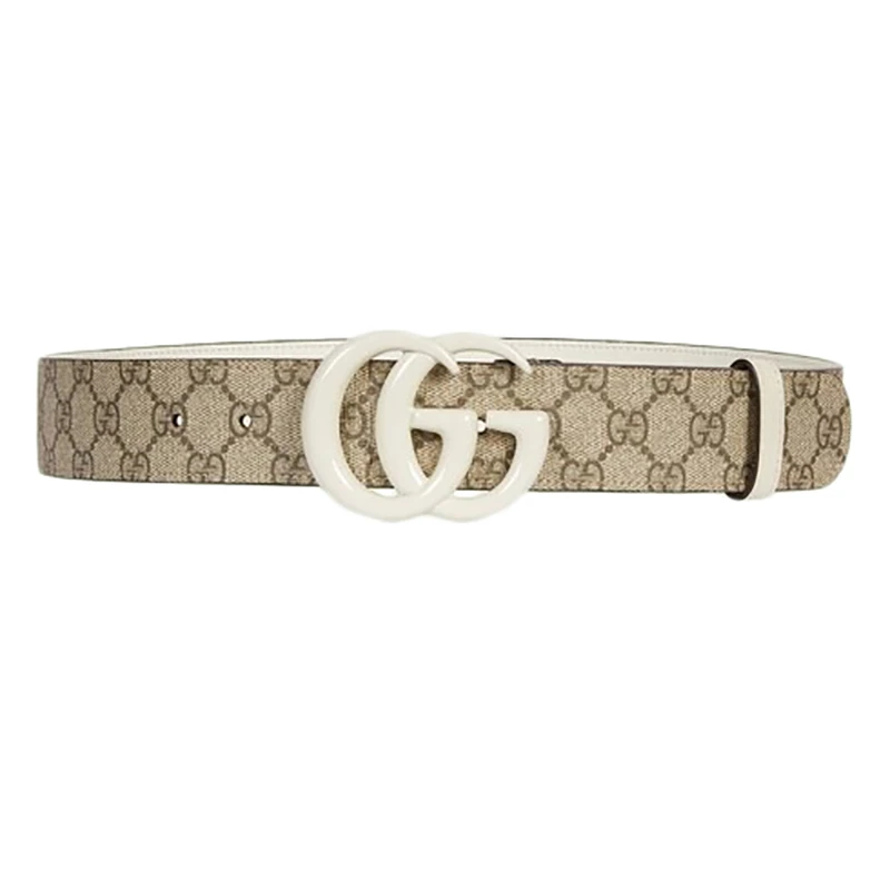 商品Gucci|【现货】古驰男女4cm棕色帆布皮革双G白扣宽版腰带 400593HUH4V9761,价格¥1816,第1张图片