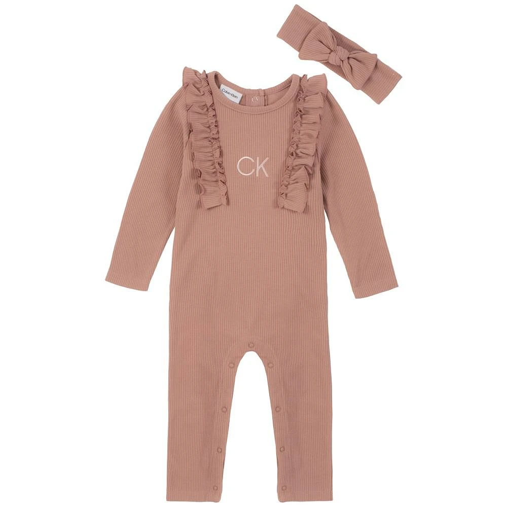 商品Calvin Klein|Baby Girls Textured Ruffle-Trim Coverall and Headband, 2 Piece Set,价格¥113,第1张图片