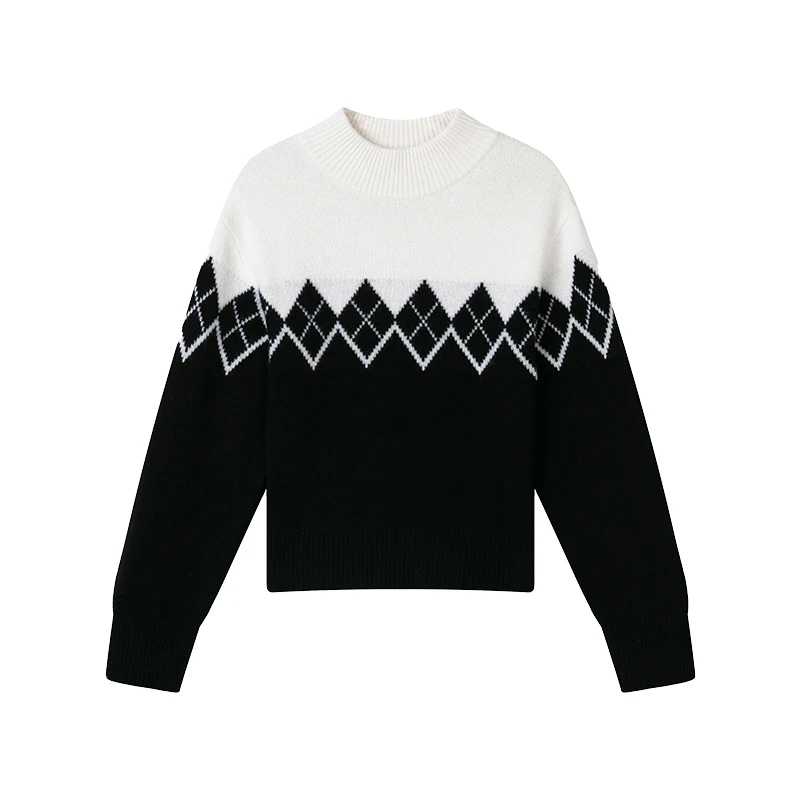 Holly黑白撞色经典几何花纹半高领美利奴羊毛毛衣 | Holly Wool Sweater - Black & White 商品