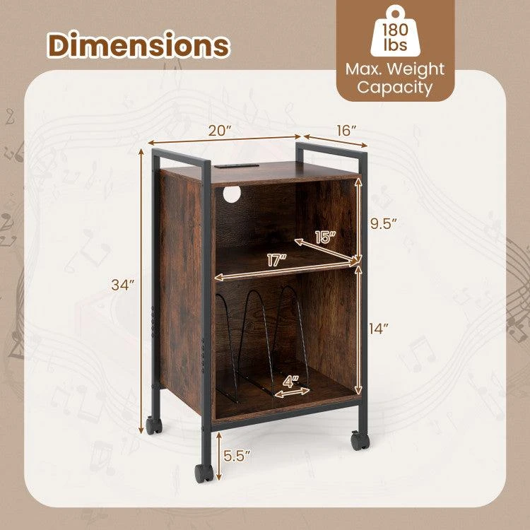 Mobile Record Player Stand with Power Outlet-Rustic Brown 商品