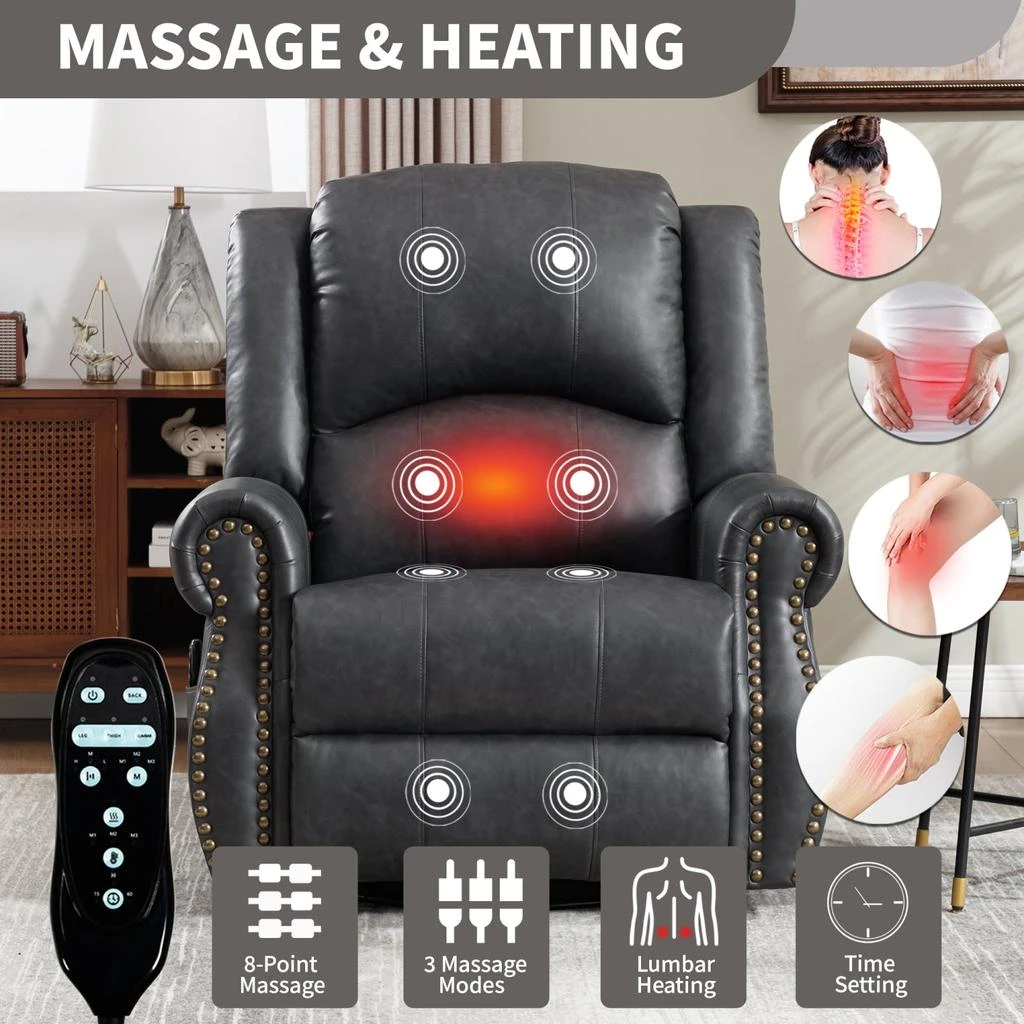 商品Streamdale Furniture|Streamdale Heat Massage Rocker Swivel Recliner Chair, Grey,价格¥4501,第4张图片详细描述