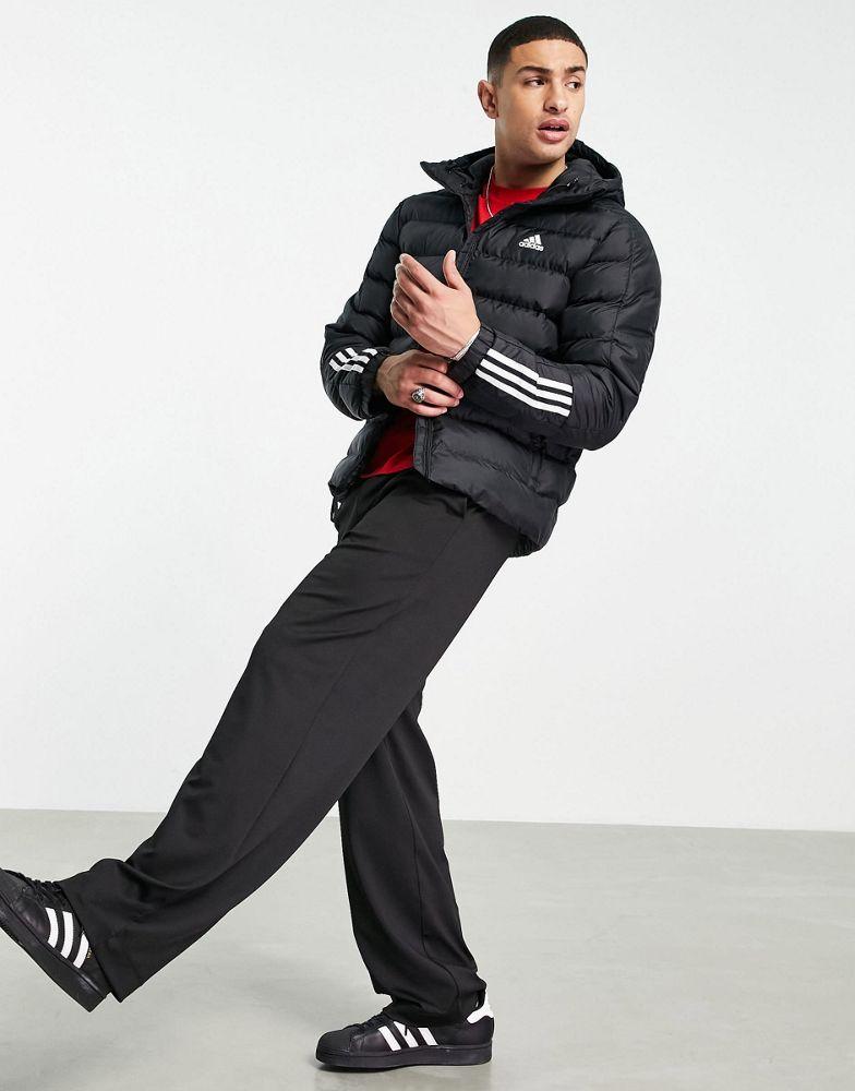adidas Outdoor puffer jacket with hood and three stripes in black商品第3张图片规格展示