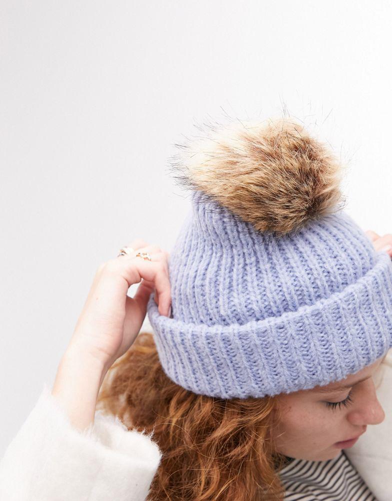 Topshop knitted fur pom pom beanie in blue商品第1张图片规格展示