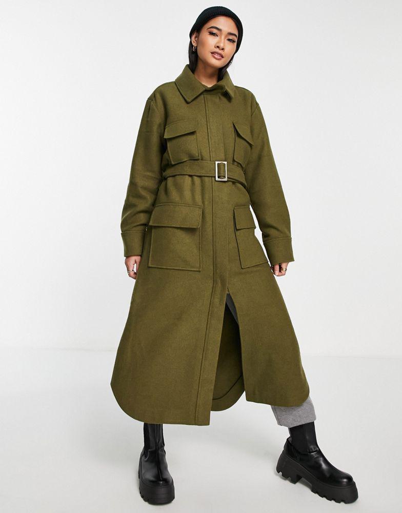 Topshop longline belted utility coat in khaki商品第4张图片规格展示