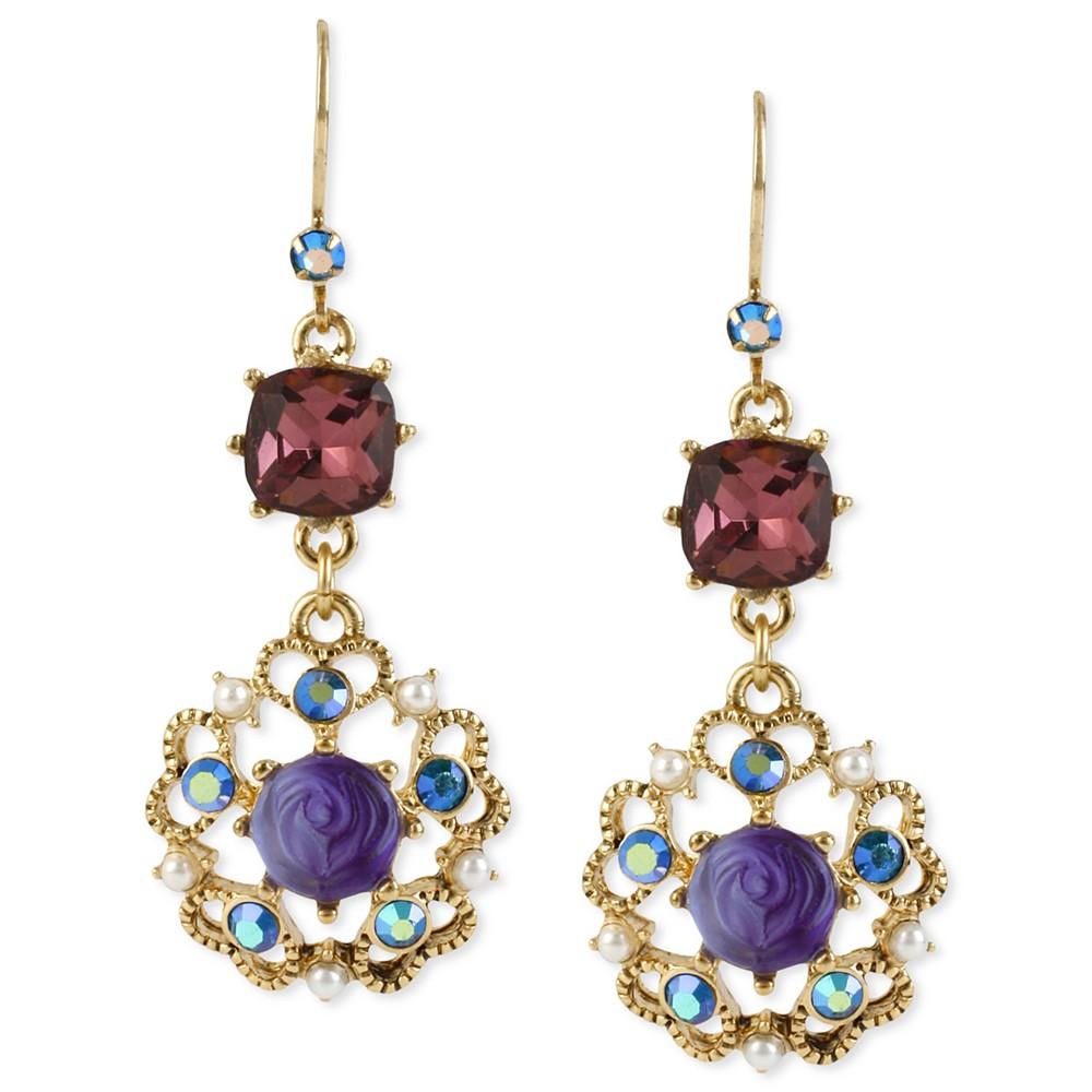 Antique Gold-Tone Flower Medallion Crystal Drop Earrings商品第1张图片规格展示