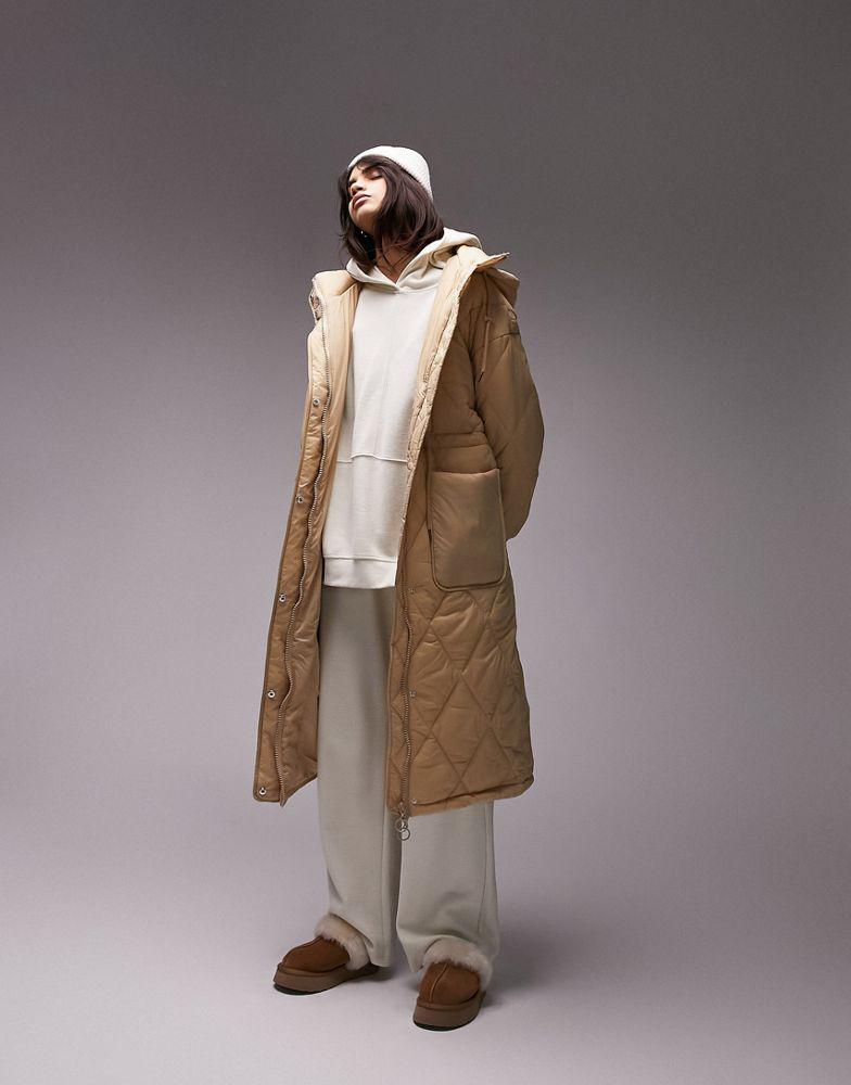 Topshop longline quilted hooded puffer jacket in buttermilk商品第4张图片规格展示