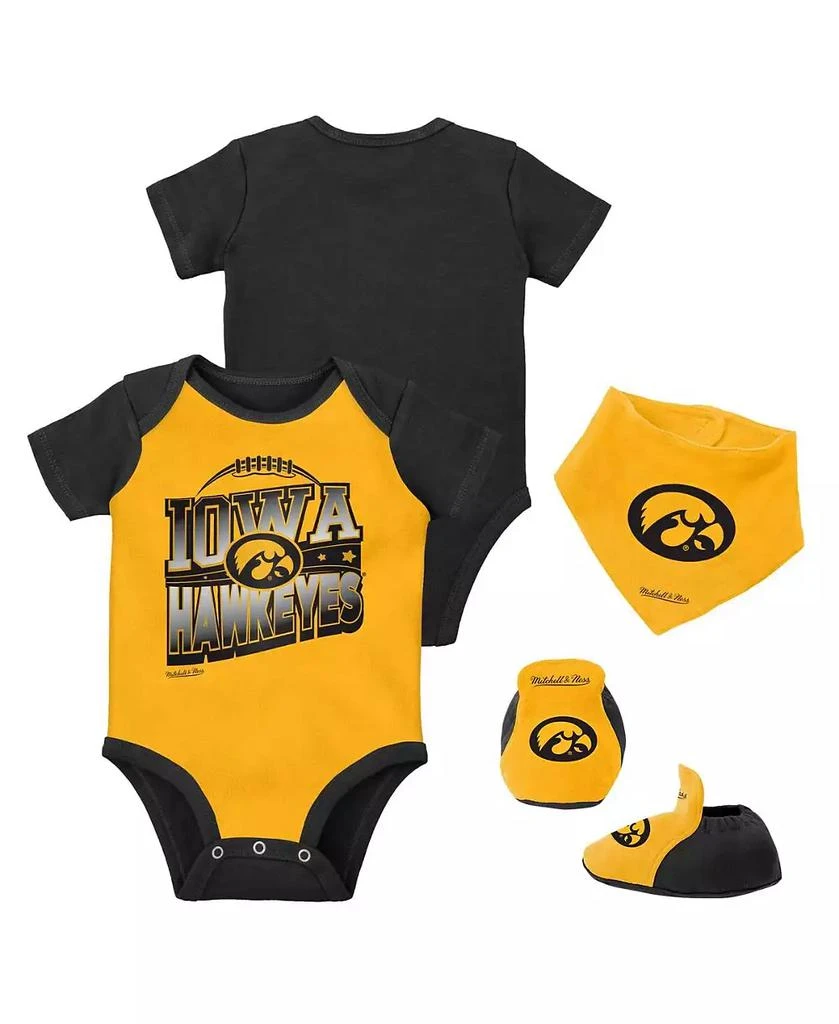 商品Mitchell & Ness|Baby Boys and Girls Mitchell and Ness Black, Gold Iowa Hawkeyes 3-Pack Bodysuit, Bib and Bootie Set,价格¥347,第1张图片