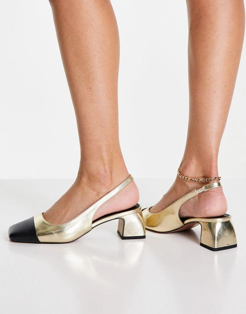 商品ASOS|ASOS DESIGN Sally toe cap slingback block heeled shoes in gold,价格¥146,第2张图片详细描述
