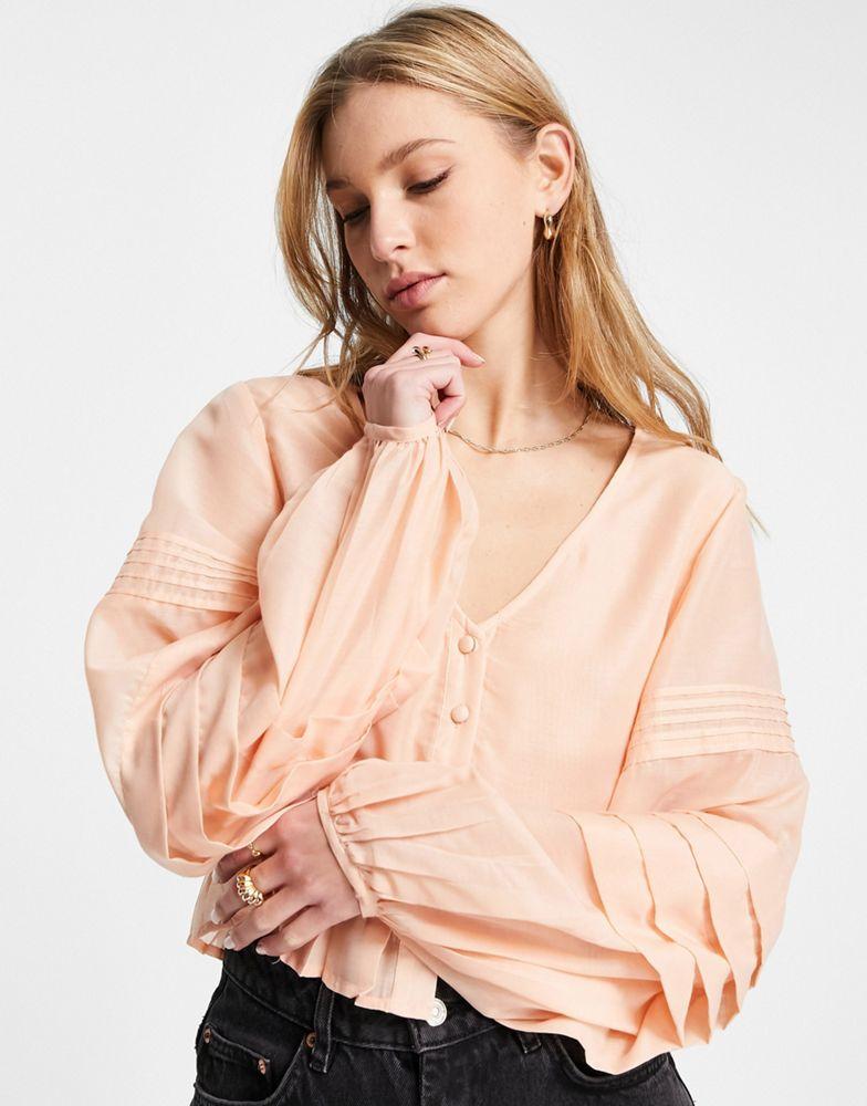 ASOS DESIGN button through top with pleated sleeve in peach商品第3张图片规格展示